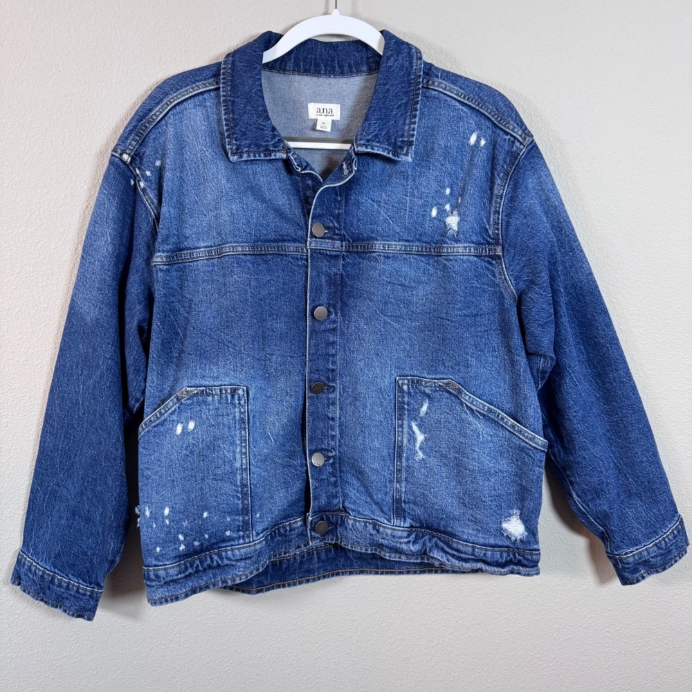 Ana Denim Trucker Jacket Distressed Paint Splatter Edgy Casual Cool Oversized XL